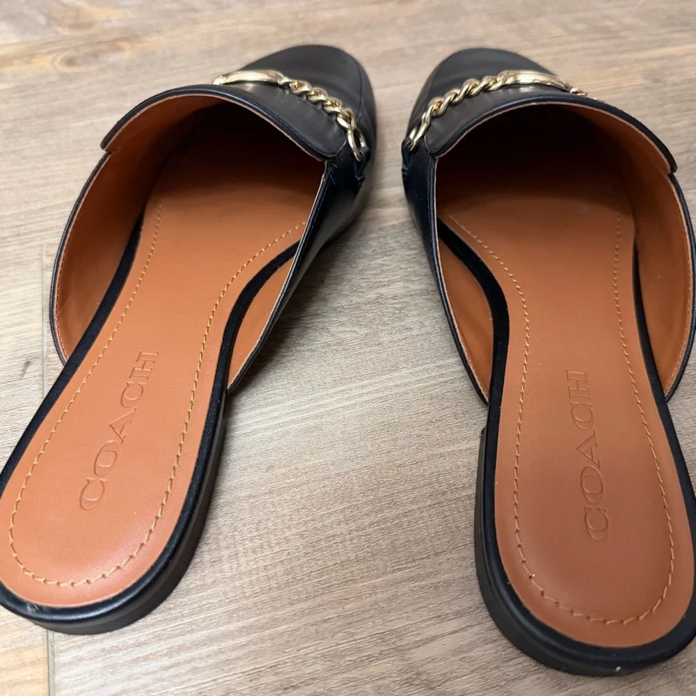 Coach Sofi Black Gold Chain Logo Leather Women's Mules Size 9 - Picture 3 of 4